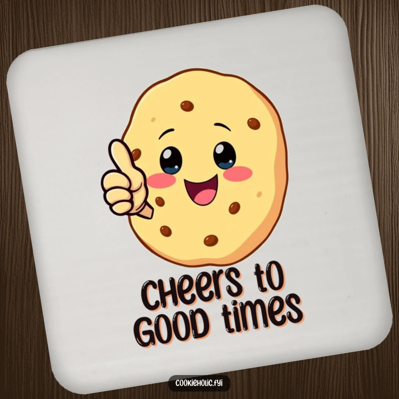 Funny drink coasters with a kawaii cookie character giving a cheerful thumbs-up, offering stylish surface protection.