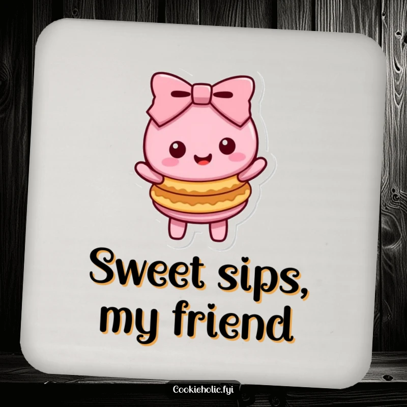 Funny Kawaii macaron character in a happy bow with two stacked cookies, a cute and protective drink coaster.