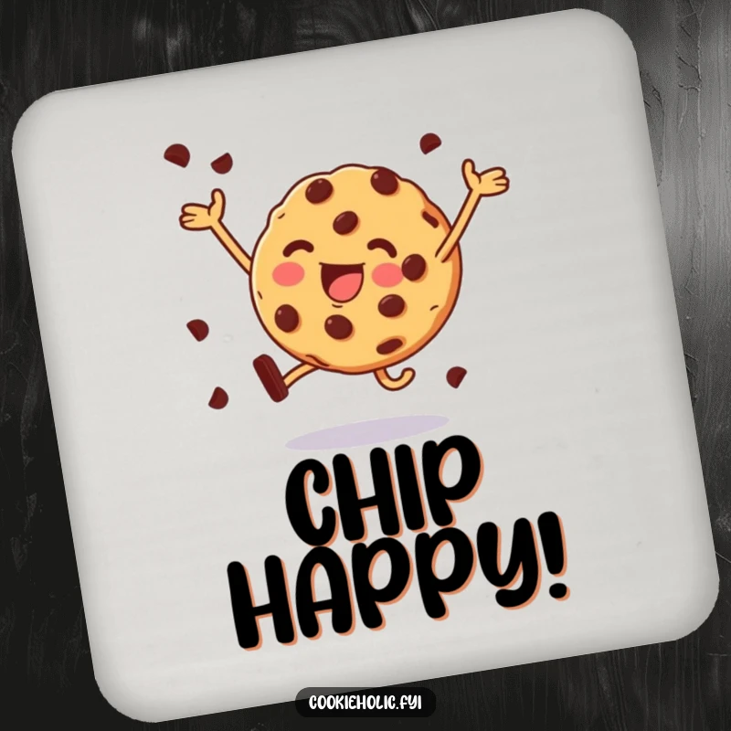 Funny drink coaster featuring a chocolate chip cookie in a joyful leap, adding humor to your setting.