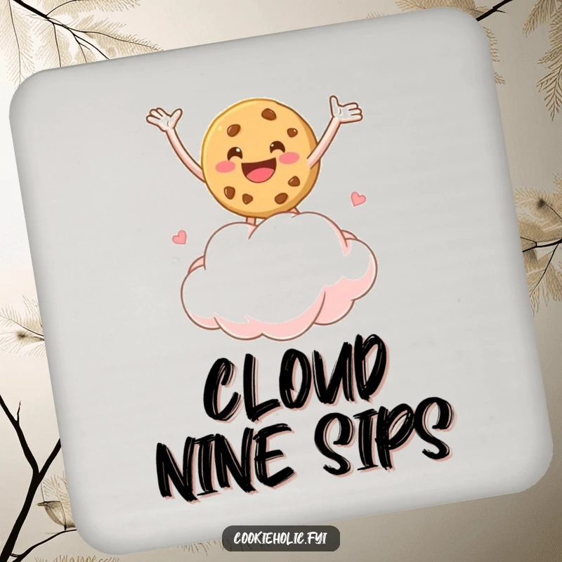 Funny drink coaster with a cookie character bouncing on a marshmallow cloud, offering surface protection with joy.