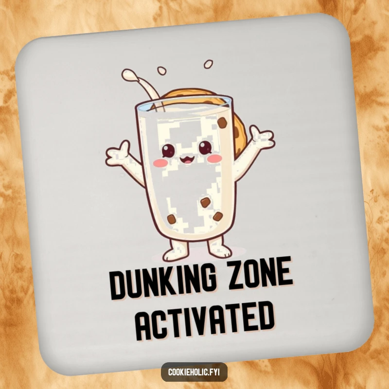 Funny drink coaster featuring a cookie character embracing a giant glass of milk, a symbol of perfect friendship.