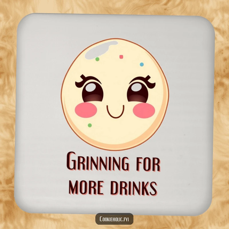 Funny set of kawaii drink coasters with a sugar cookie character wearing a wide, delighted grin, perfect for sweet and joyful protection.