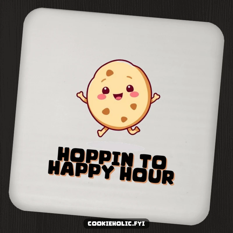 Funny set of kawaii drink coasters with a cookie character doing a happy hop, perfect for sweet and joyful protection.