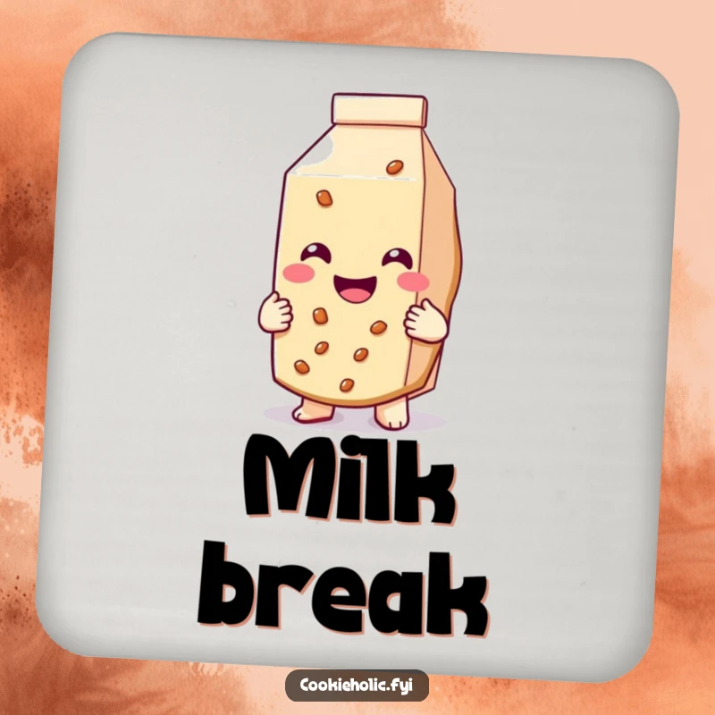 Funny drink coaster featuring a cookie smiling and hugging a milk carton, celebrating friendship and drinks.