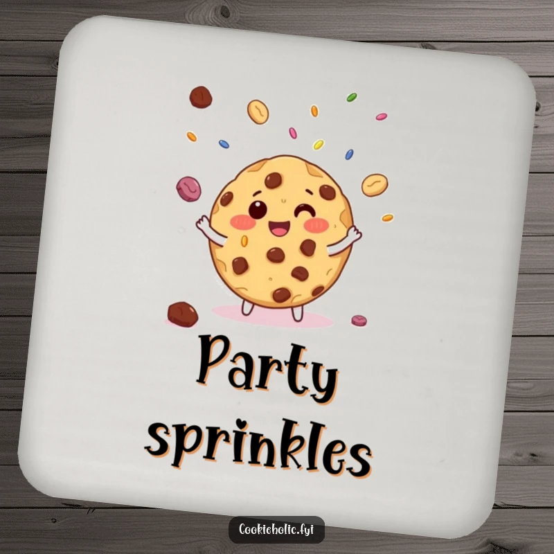 Funny drink coasters depicting a giggling chocolate chip cookie juggling miniature candy sprinkles, adding sweet humor to tabletops.