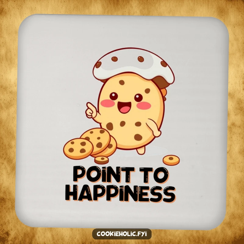 Funny Kawaii cookie character pointing towards a giant cookie jar, depicted on a humorous drink coaster.