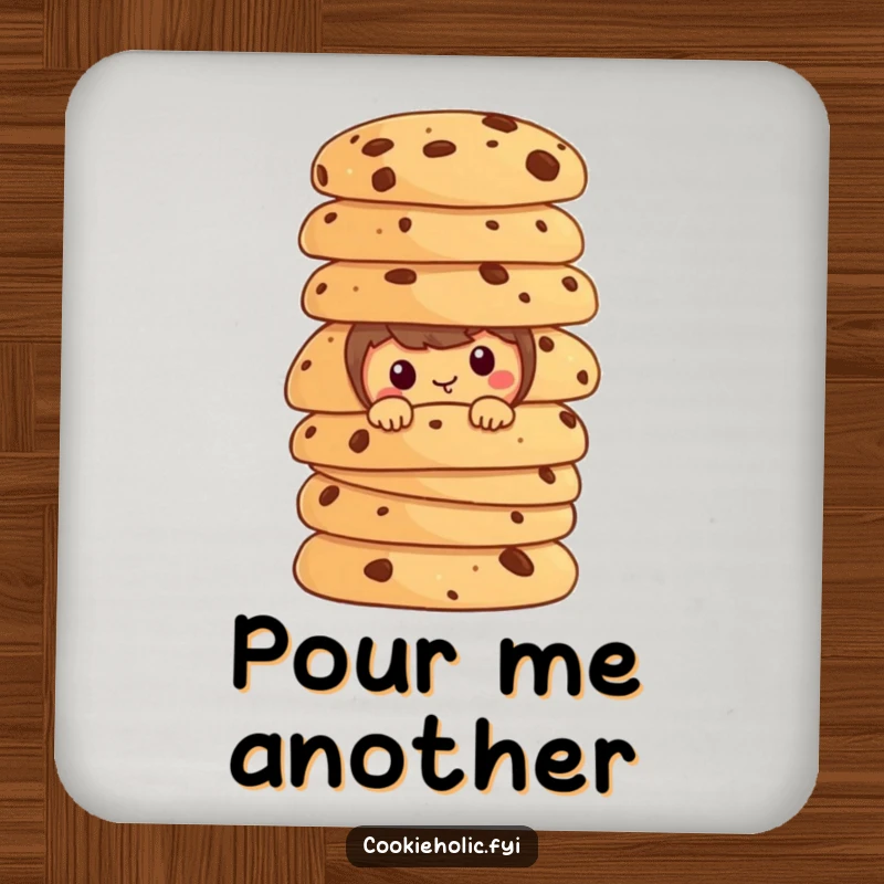 Funny cookie character peeking from behind a stack of cookies on a protective drink coaster.