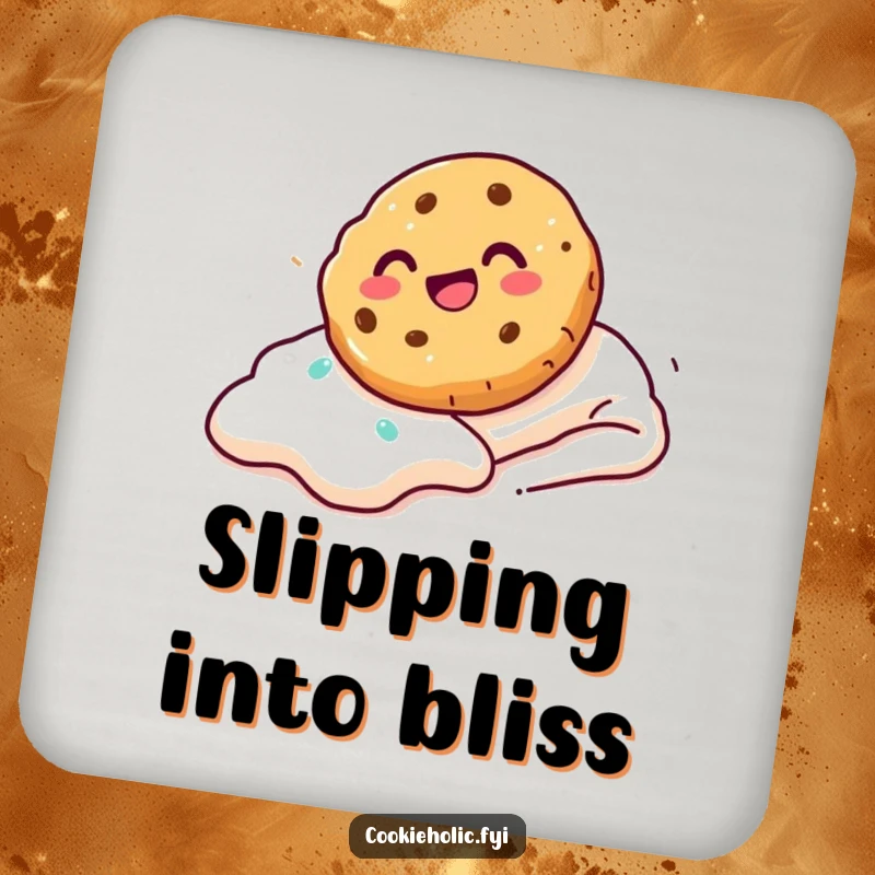Funny Drink Coaster featuring a cookie sliding down a frosting slope with glee, offering protection humorously.