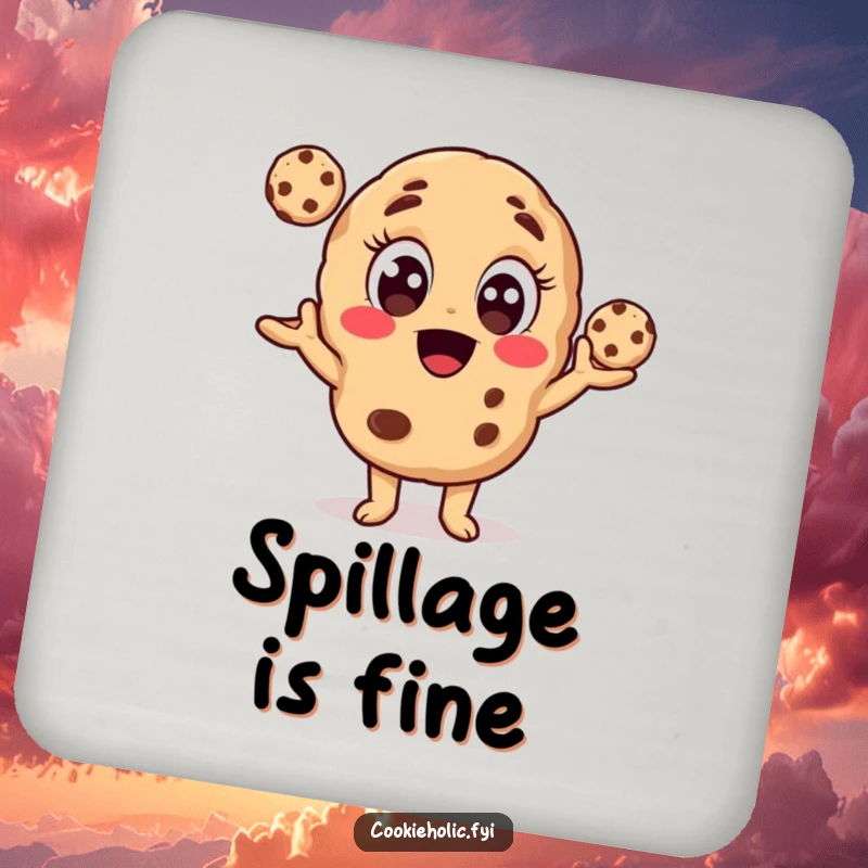 Funny drink coaster with a cookie character balancing tiny cookies, offering surface protection with a humorous baking theme.