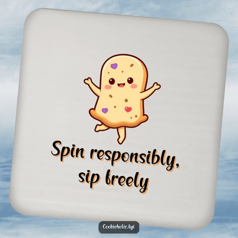 Funny kawaii shortbread cookie character mid-twirl on a round coaster, adding a humorous touch to beverage placement.