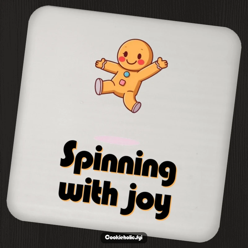 Funny drink coasters depicting a happy gingerbread man with frosting buttons doing a cartwheel, adding festive humor to tabletops.
