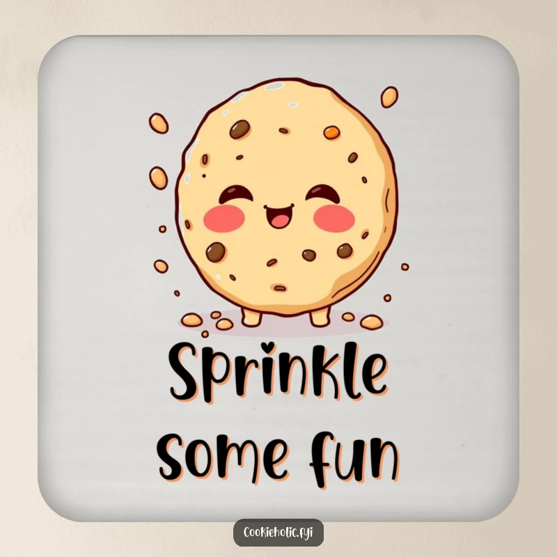 Funny rosy-cheeked cookie coasters, featuring a cookie joyfully sprinkling crumbs, perfect for humorous protection of surfaces.