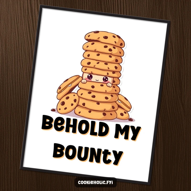 Funny cookie character peeking from behind a huge stack of cookies on a vibrant poster.