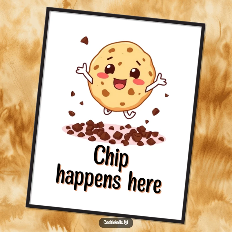 Funny poster showcasing a gleeful cookie character scattering chocolate chips while performing an exuberant leap.