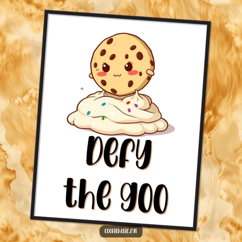 Funny poster of a determined cookie attempting to jump over oozy frosting, a humorous and inspiring piece of wall art.