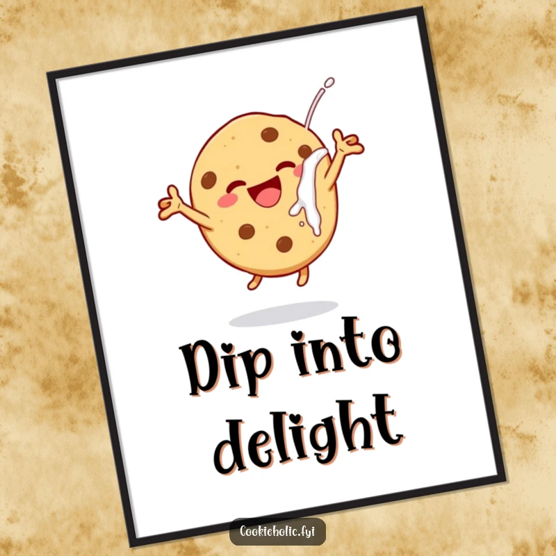 Funny cheerful cookie poster, depicting a cookie leaping with delight after dunking in milk, perfect for humorous and sweet wall decor.