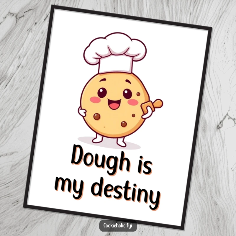 Funny poster of a happy cookie chef holding a rolling pin, capturing the essence of baking joy and sweetness.