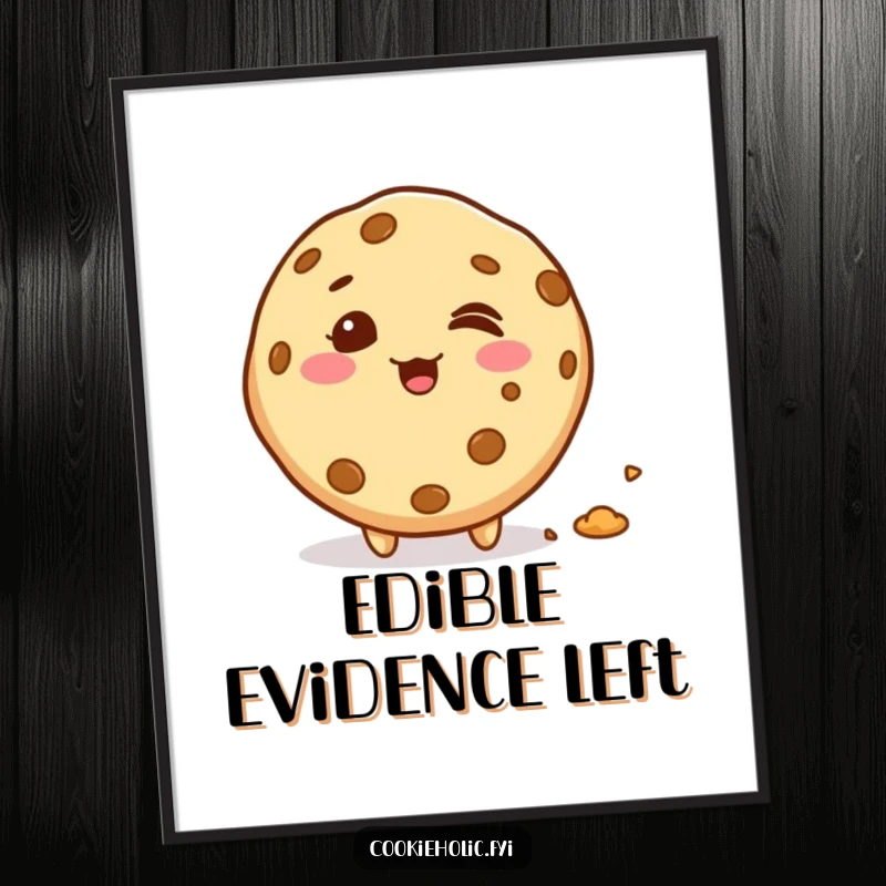 Funny giggling kawaii cookie character leaving a trail of crumbs, cheerful wall art, ideal funny gift for kitchens and cafes.