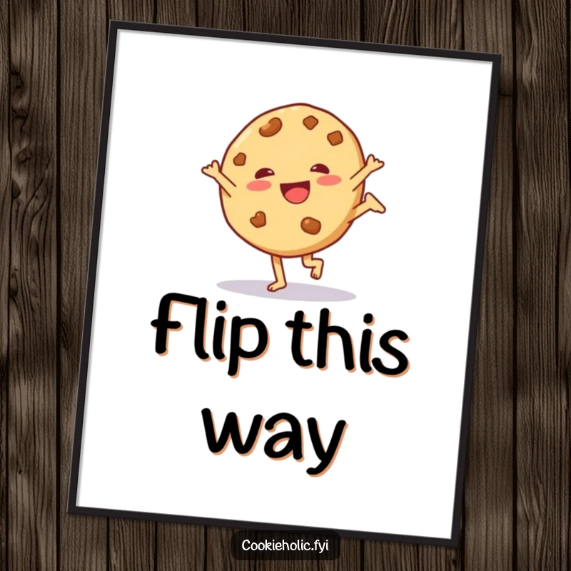 Funny poster capturing a cookie character performing an energetic and playful cartwheel.