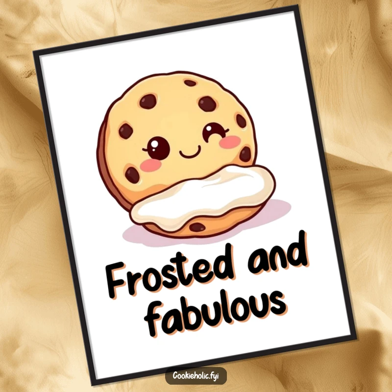 Funny cookie frosting poster showing a happy cookie dunking into a pool of frosting, a sweet and joyful image.