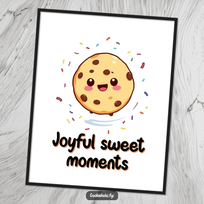 Funny poster showing a cookie character spinning joyfully with sprinkles scattering around, embodying pure dessert delight, a humorous piece of art.