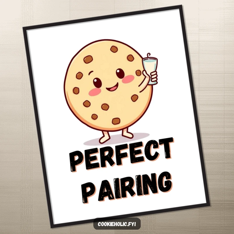 Funny poster showcasing a round, happy cookie character with a big smile, dancing joyfully with a milk glass, ideal for cheerful decor.