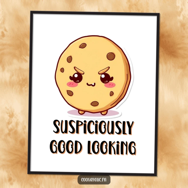 Funny poster print of a kawaii cookie character with a bite taken out and a mischievous, sly expression, full of personality.