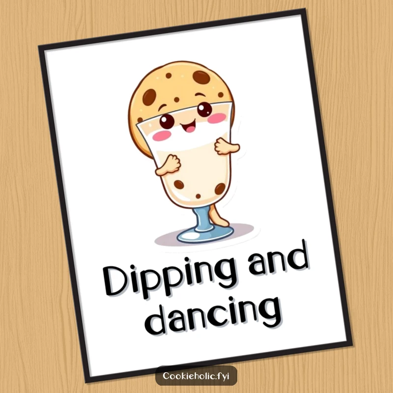 Funny happy kawaii cookie character dancing around milk, cheerful wall art, ideal funny gift for kitchens and cafes.