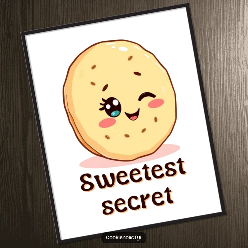 Funny poster art of a Kawaii shortbread cookie character winking with a sprinkle eye, radiating playful sweetness.