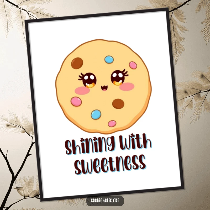 Funny poster print of a kawaii cookie character with eyes twinkling brightly like colorful, festive candy decorations.