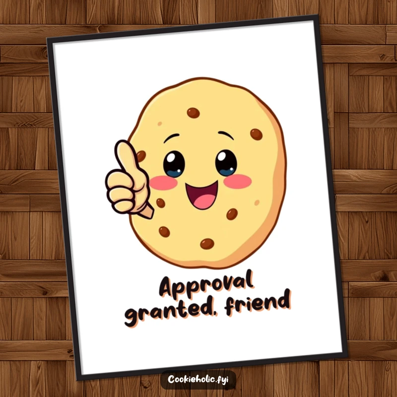 Funny poster print of a kawaii cookie character giving a friendly thumbs-up, symbolizing approval and cheerful encouragement.
