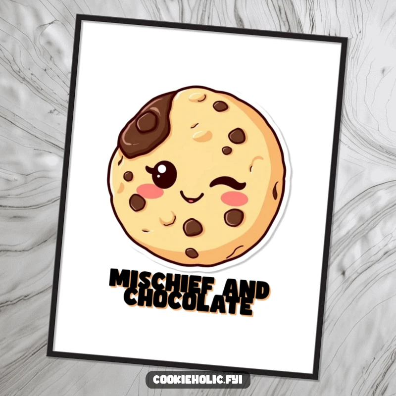 Funny poster artwork of a kawaii chocolate chip cookie character winking, with a playful chocolate smudge, perfect for cheeky decor.