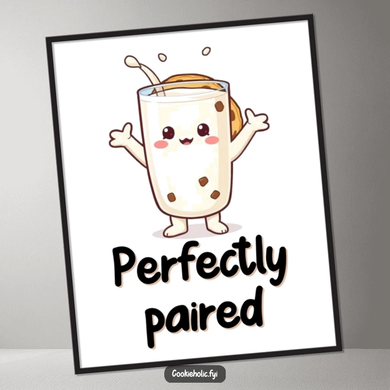 Funny poster print of a cookie character embracing a gigantic glass of milk, symbolizing their perfect friendship.