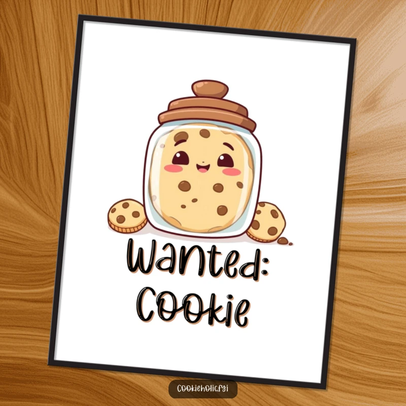 Funny poster of a cookie with a mischievous grin peeking from behind a cookie jar, adding a humorous and artistic touch to wall decor.