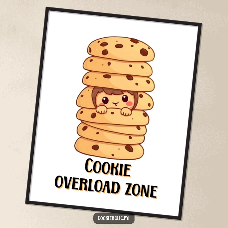 Funny cookie character peeking from behind a giant stack of cookies, as a wall art poster.