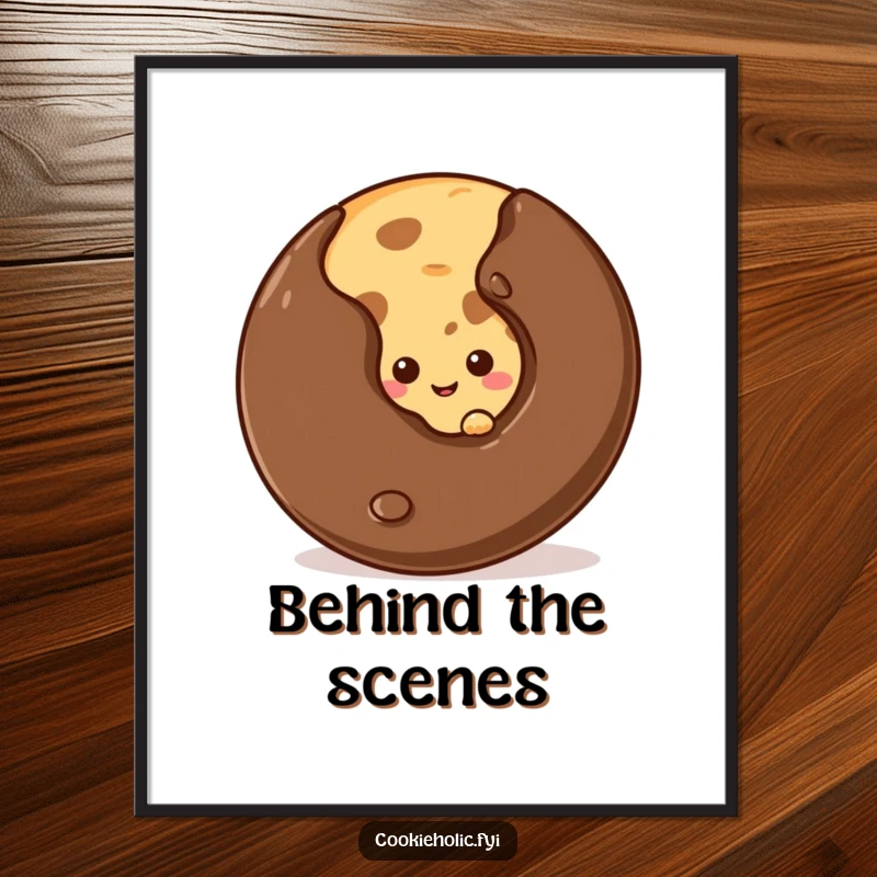 Funny shy cookie poster of a cookie peeking from behind a giant chocolate chip, adding whimsical art.