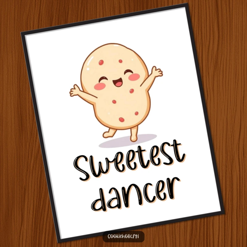 Funny poster showing a delighted sugar cookie performing a tiny, energetic dance, adding whimsical and joyful decor.