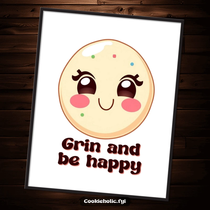 Funny poster artwork of a kawaii sugar cookie character with a wide, delighted grin, radiating pure joy and sweetness.