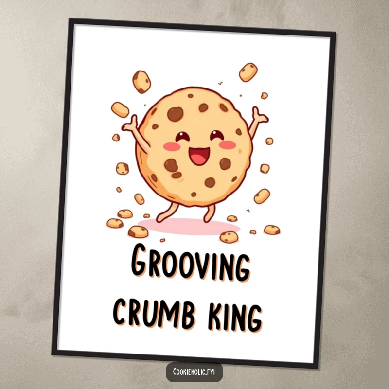 Funny cookie dance poster showcasing a gleeful cookie dancing with abandon and scattering crumbs, bringing vibrant energy.