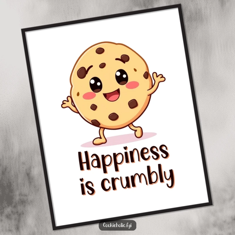 Funny poster print of a smiling cookie character with chocolate chip eyes, joyfully performing an energetic happy dance.