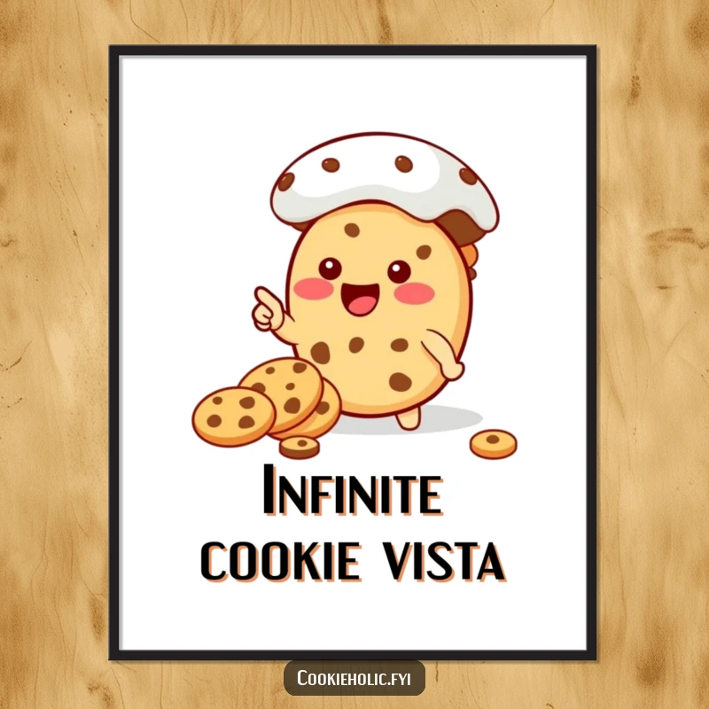 Funny Kawaii cookie character happily pointing towards a vast, tempting cookie jar, displayed as funny art.