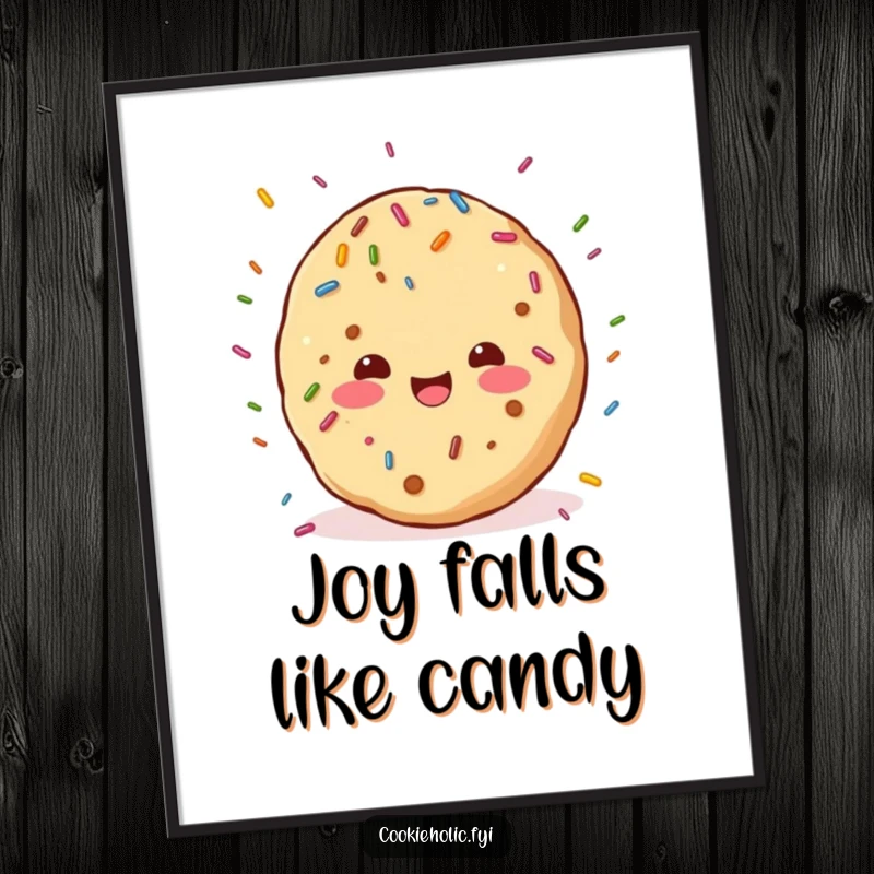 Funny poster print of a kawaii cookie character delightedly caught in a joyful shower of colorful sprinkles, radiating pure happiness.
