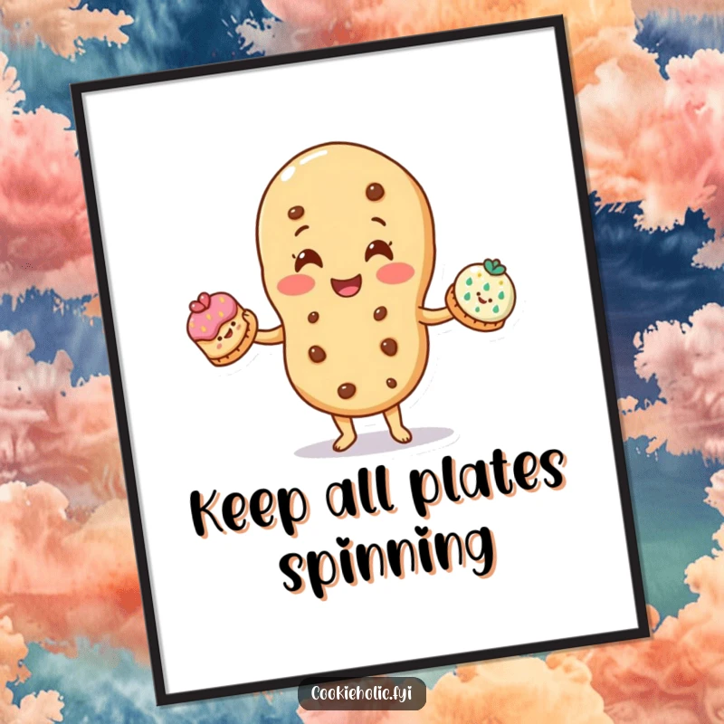 Funny poster: A smiling cookie character juggles three smaller, decorated cookies with impressive dexterity and focus.