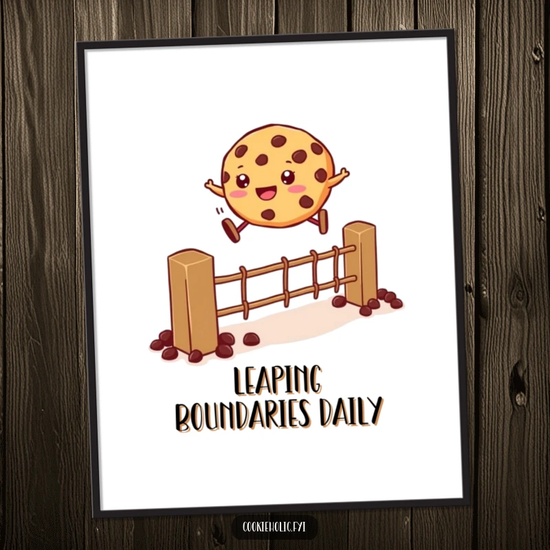 Funny Poster: A cookie is captured mid-air, leaping over a fence constructed from chocolate chips, full of energy.