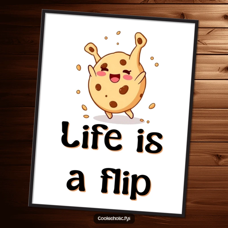 Funny poster: A round cookie character happily does a somersault with crumbs flying, capturing exuberant joy.