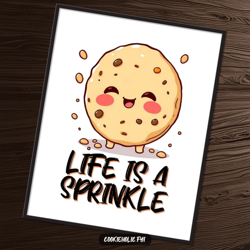 Funny rosy-cheeked cookie poster, depicting a cookie joyfully sprinkling crumbs, perfect for humorous and sweet wall decor.