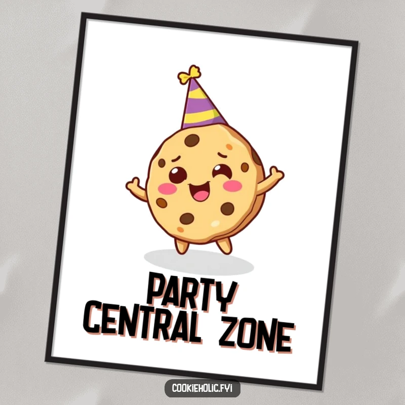 Funny poster featuring a cookie character wearing a party hat, joyfully spinning around with pure celebration.