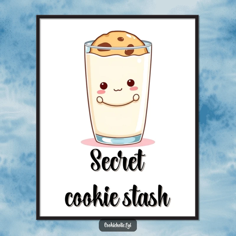 Funny cookie peek poster featuring a naughty cookie hiding behind a giant milk glass, adding playful decor.