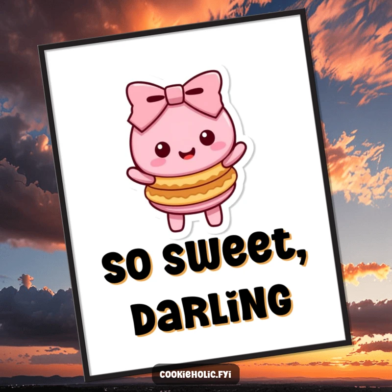 Funny Kawaii macaron character doing a happy bow with stacked cookies, a vibrant and cheerful wall art piece.