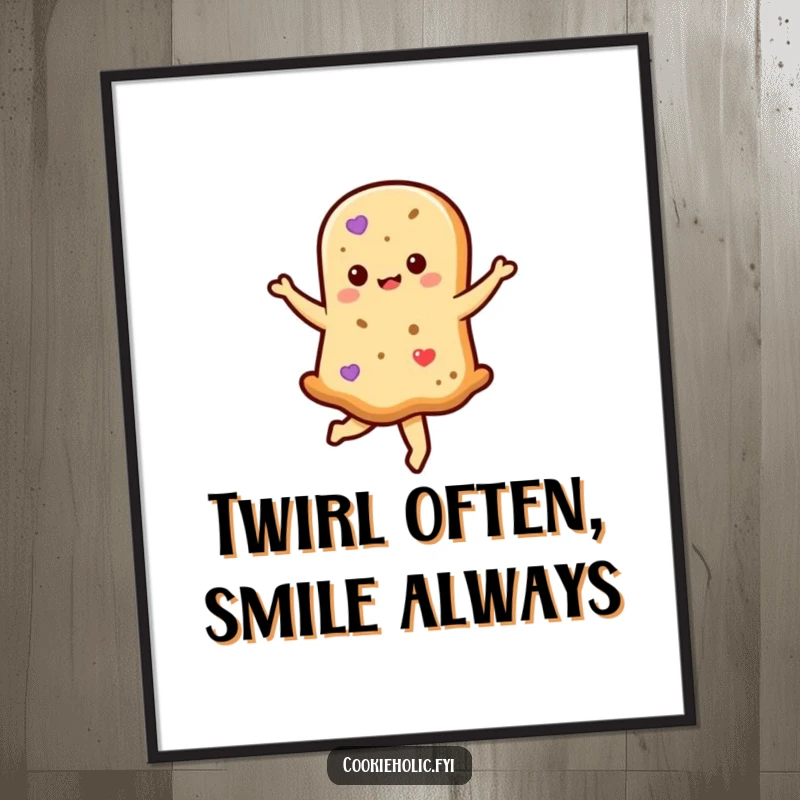 Funny kawaii shortbread cookie character performing a graceful twirl, displayed as humorous wall art on a vibrant poster.